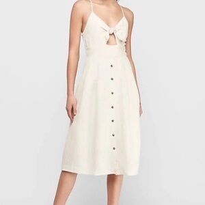 Tie-Front Cream linen Midi Dress with pockets from express cottage core boho xs